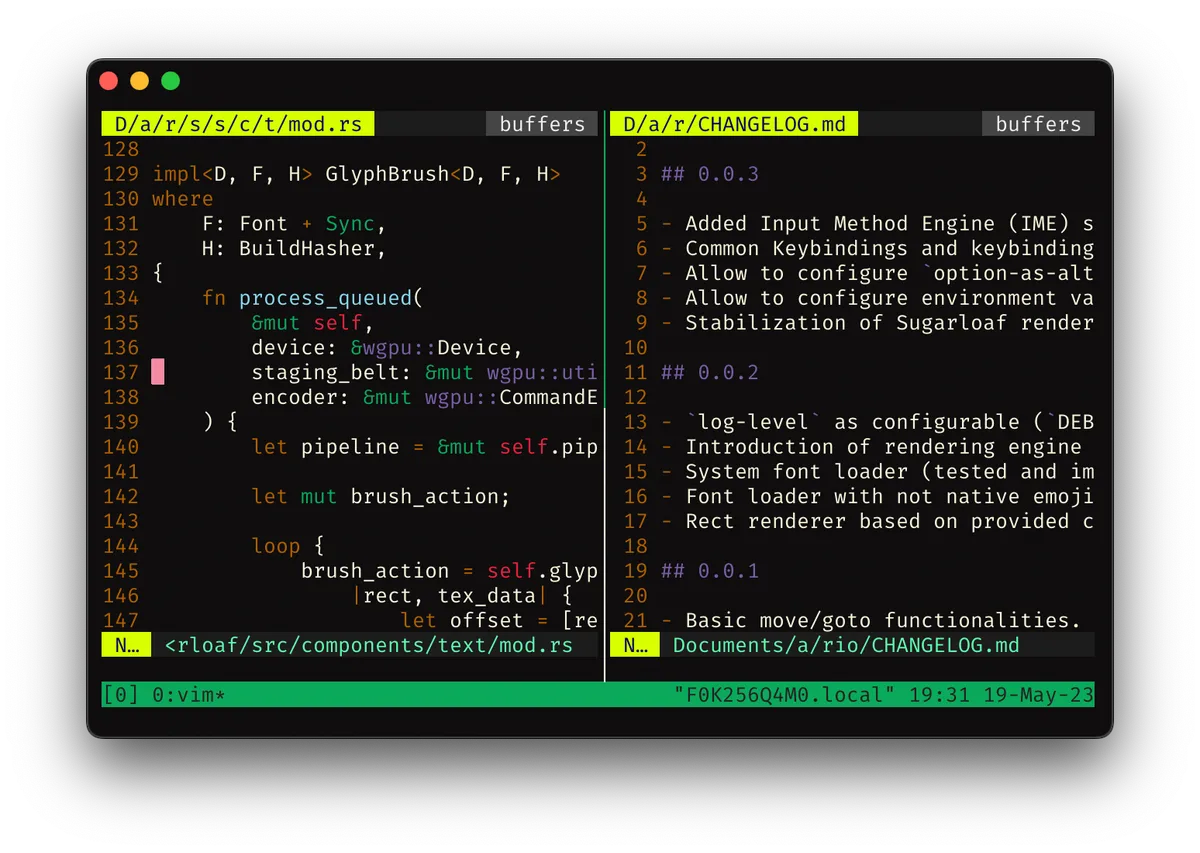 A terminal running tmux, split into two side-by-side panes with the tmux status bar along the bottom